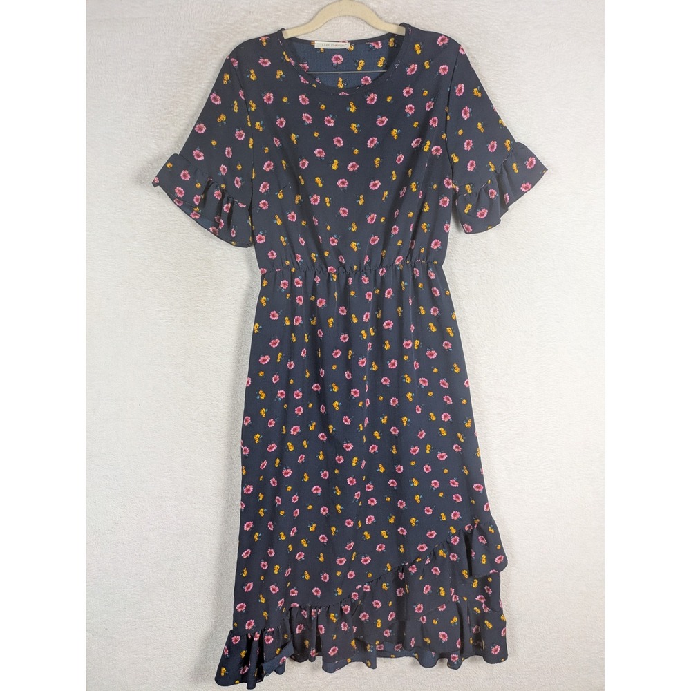 Lake Flower Dress Women's M Navy Blue Floral Ruffle Asymmetrical Hem Midi